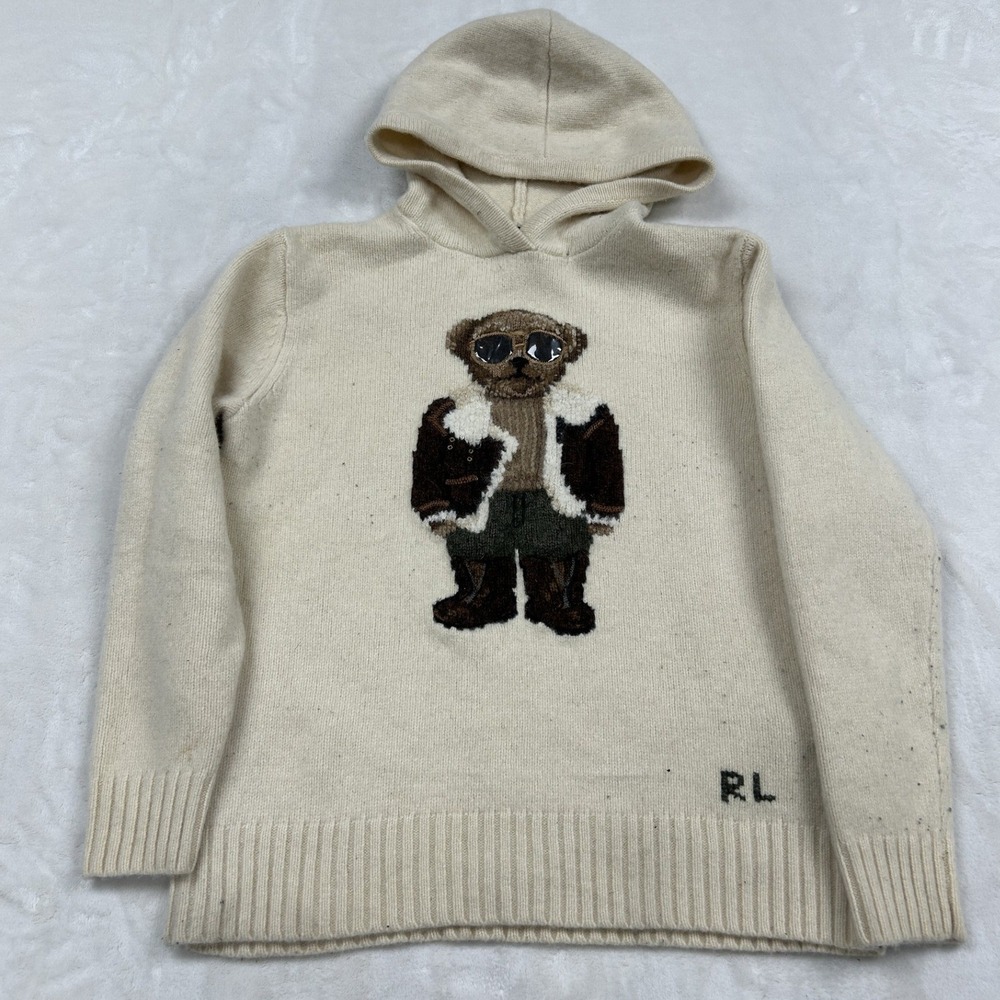 Polo Ralph Lauren Polo Bear Hoodie mens M Cream Knit Aviator Intarsia Sweater